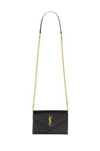 Saint Laurent women’s envelope Cassandre wallet black quilted leather with gold-tone chain strap and YSL logo