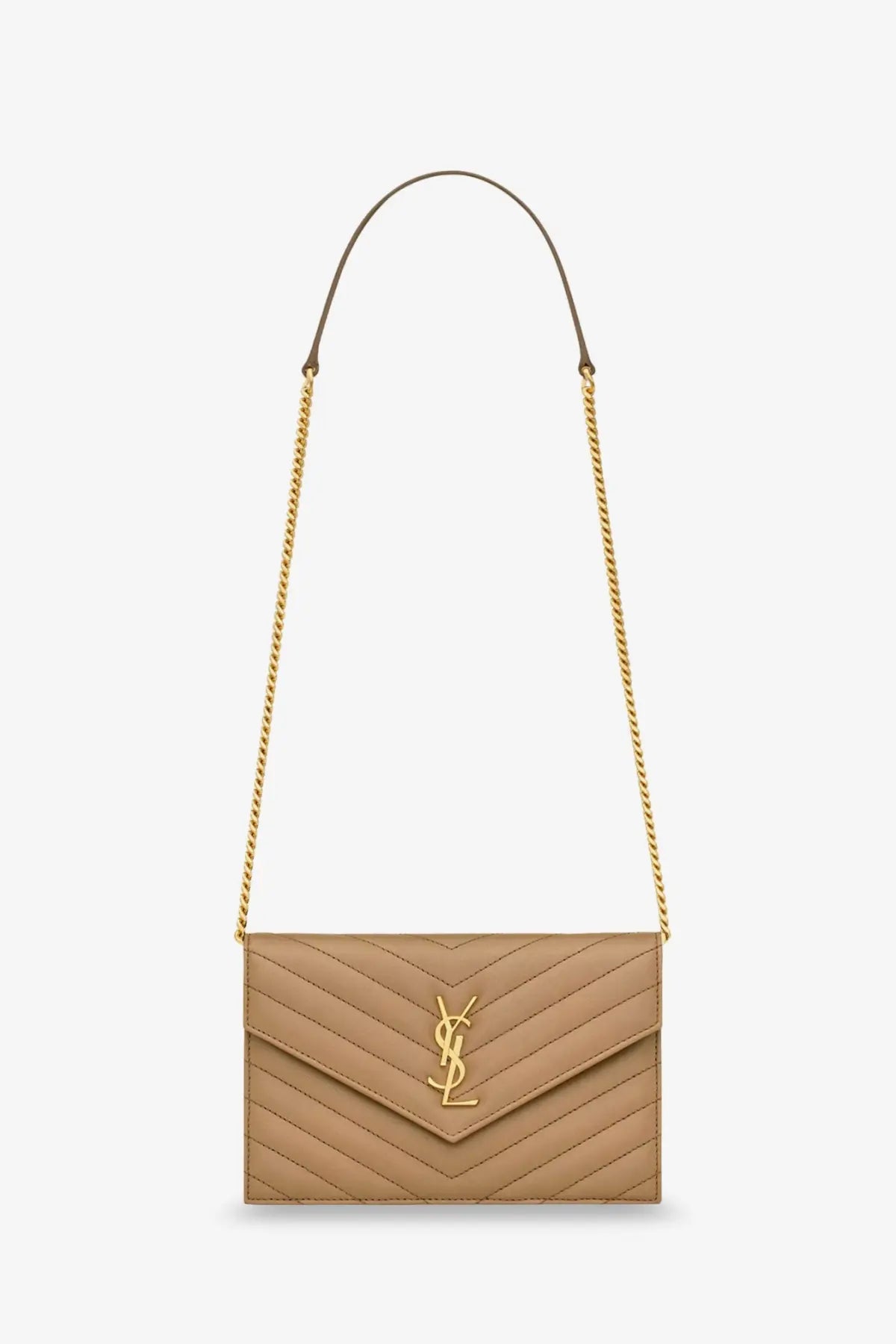 Beige quilted leather saint laurent shoulder bag with gold-tone chain strap and ysl logo clasp in white