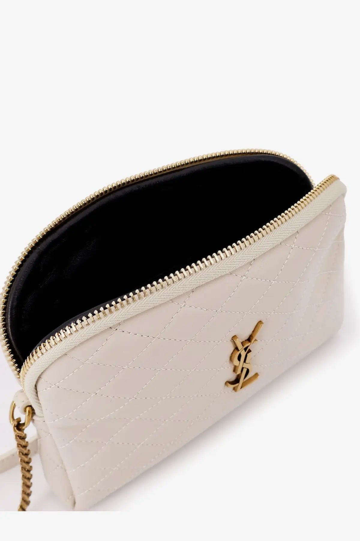 Saint Laurent women’s gaby leather crossbody bag in cream quilted leather with gold-tone ysl logo and zipper closure