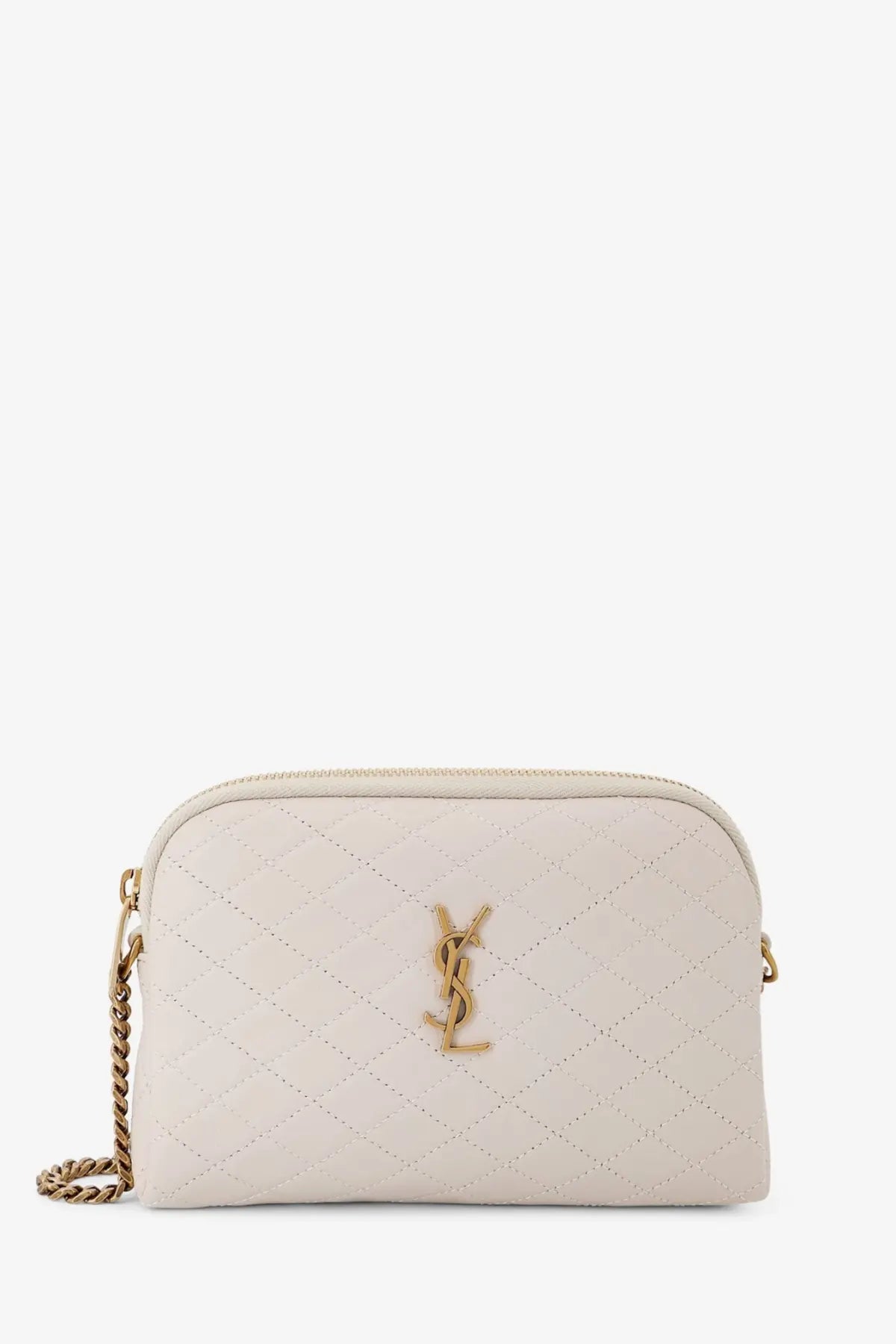 Saint Laurent women’s gaby cream quilted leather crossbody bag with gold-tone ysl logo and chain strap