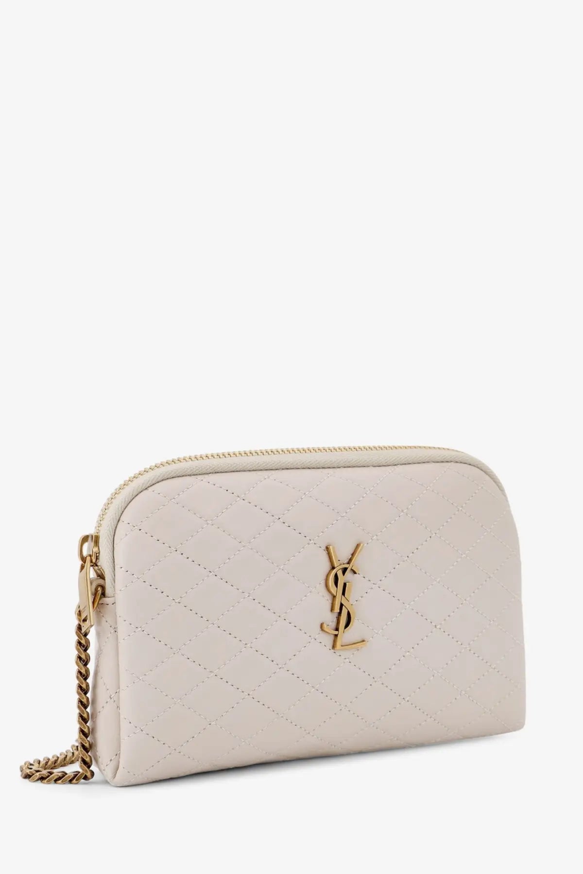 Saint Laurent women’s Gaby cream-colored quilted leather crossbody bag with gold-tone YSL logo and chain strap