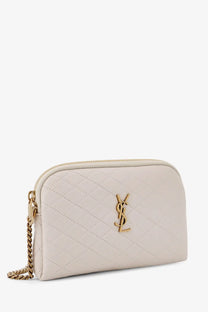 Saint Laurent women’s Gaby cream-colored quilted leather crossbody bag with gold-tone YSL logo and chain strap