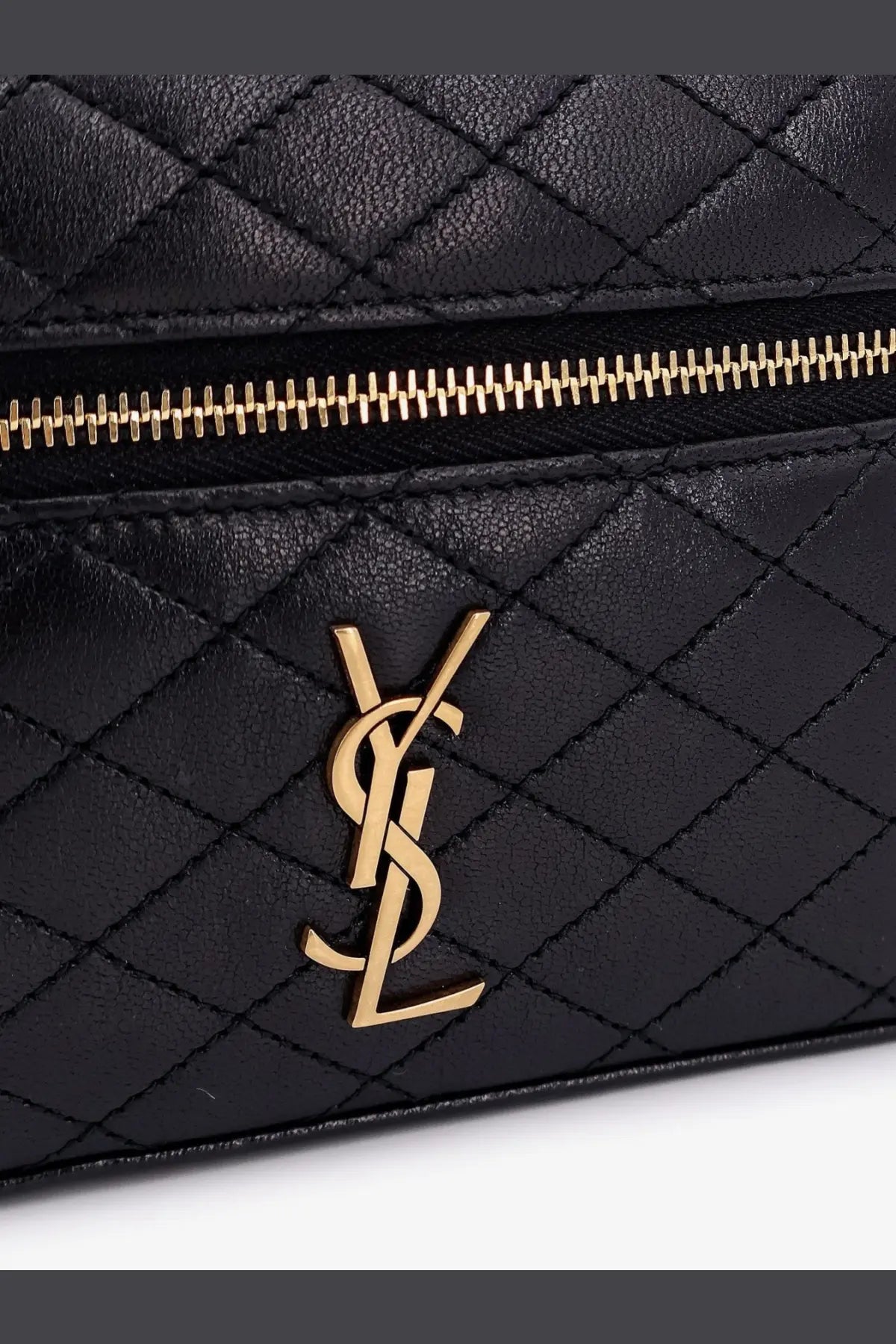 Black quilted leather Saint Laurent women’s Gaby vanity crossbody bag with gold-tone hardware and ysl logo clasp