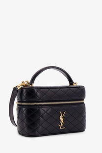 Saint Laurent women’s black quilted leather Gaby vanity crossbody bag with gold-tone YSL logo and hardware