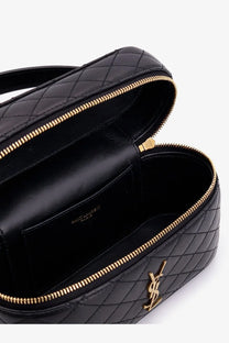 Black quilted leather Saint Laurent women’s Gaby vanity crossbody belt bag with gold-tone hardware