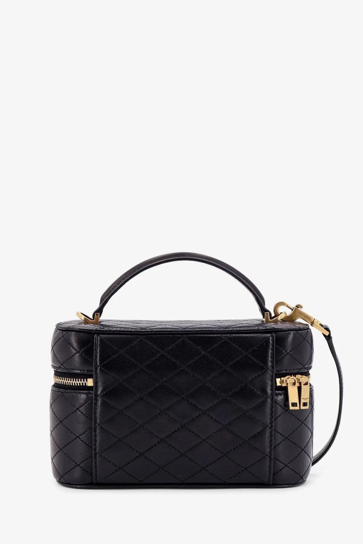 Saint Laurent women’s Gaby vanity bag black quilted leather handbag with gold-tone hardware and top handle