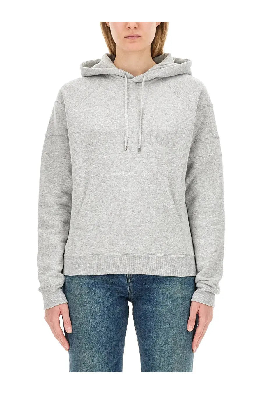 Saint Laurent women’s heather gray long-sleeved hoodie with front pocket and matching drawstrings