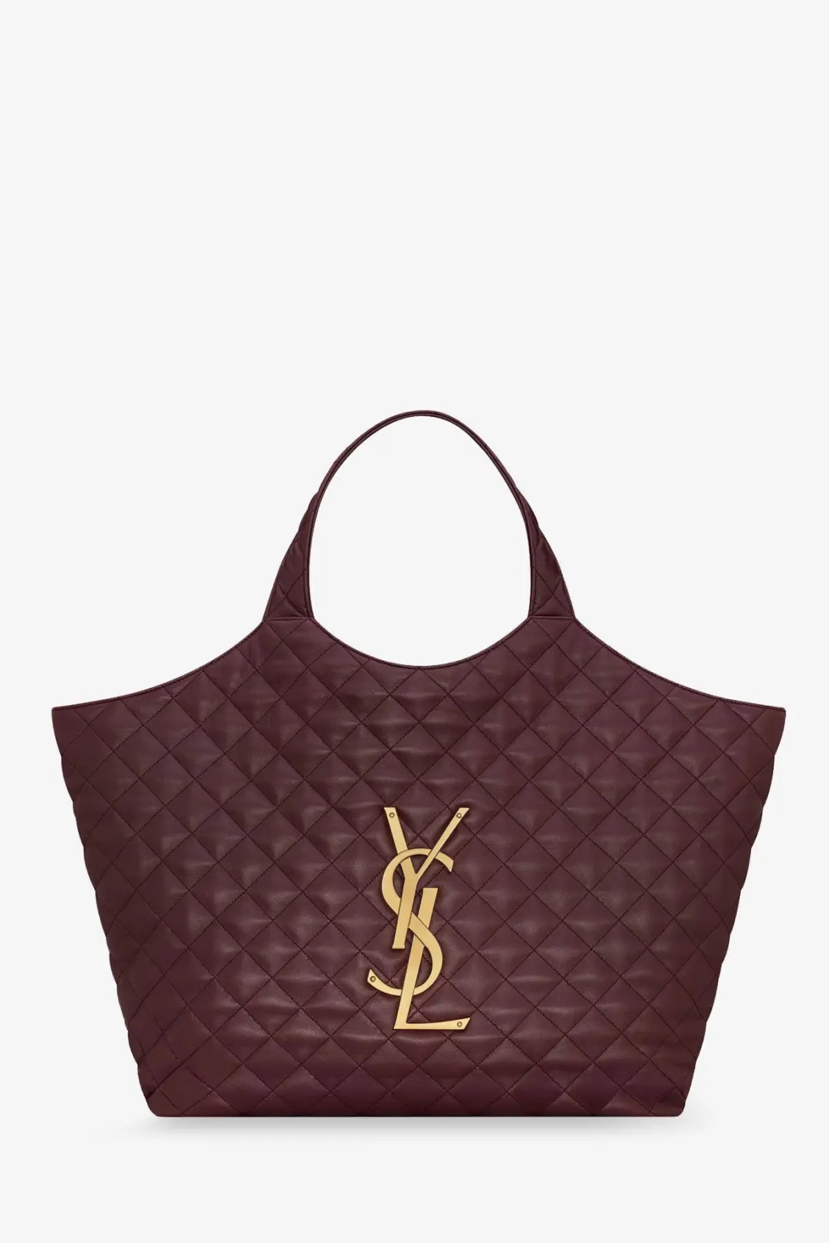 Saint Laurent women’s Icare quilted leather tote bag in burgundy with gold-tone YSL logo emblem