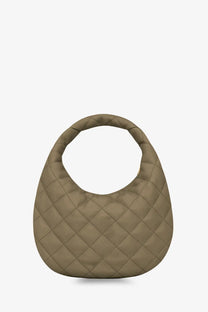 Saint Laurent women’s Icarino olive green leather handbag with soft padded body and stitched diamond quilted pattern