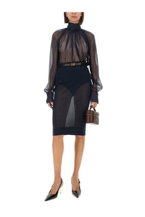 Black sheer mesh pencil skirt with high neckline and long sleeves styled as saint laurent women’s knit pencil skirt blue