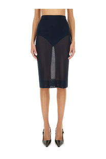 Saint Laurent women’s knit pencil skirt in blue with solid waistband and vertical textured panel down the front