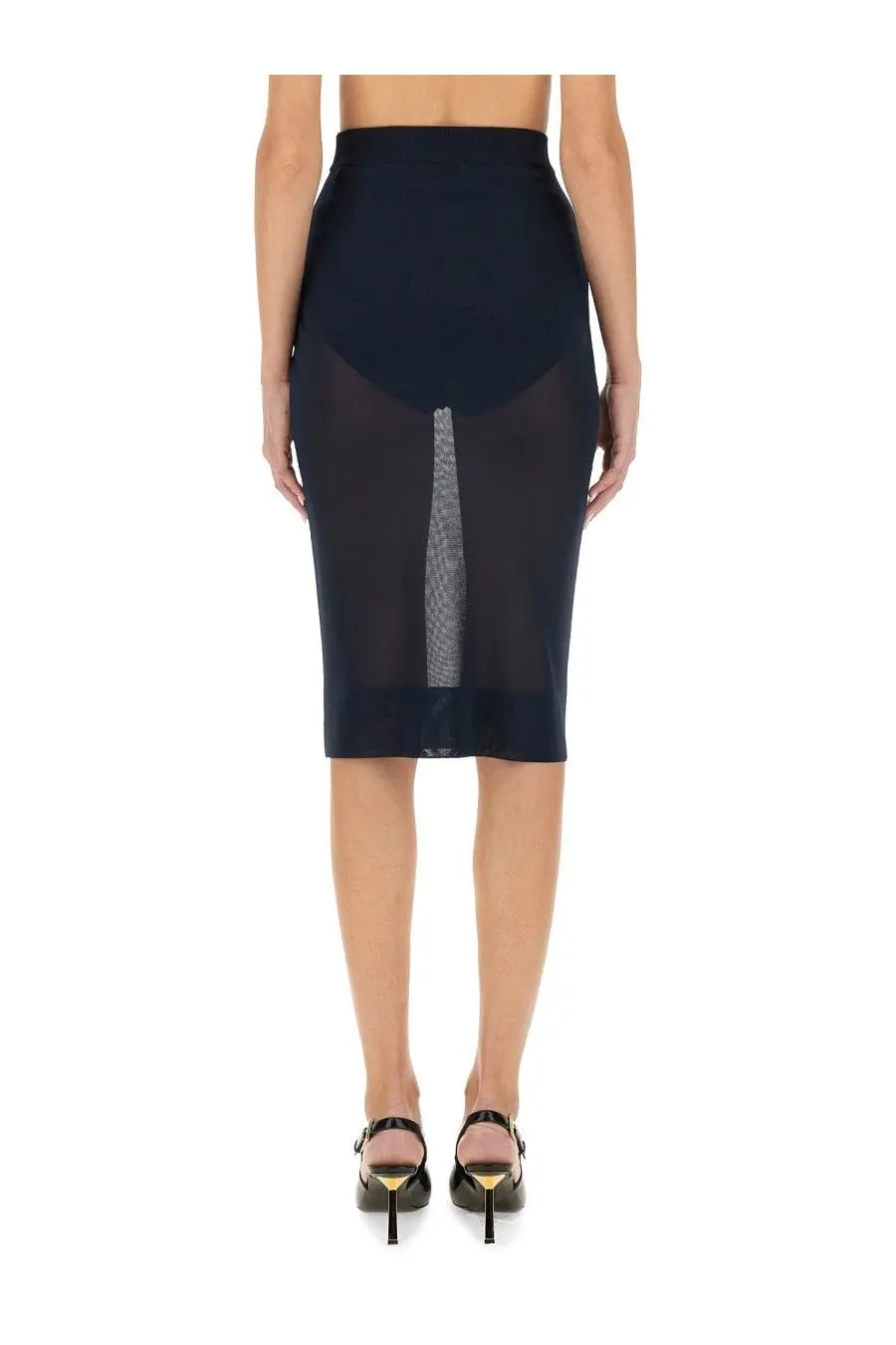 Saint Laurent women’s navy blue knit pencil skirt with sheer panel and subtle texture detail
