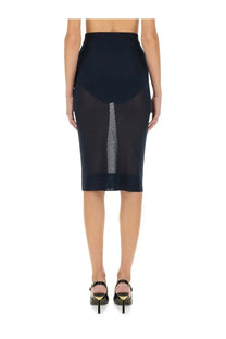 Saint Laurent women’s navy blue knit pencil skirt with sheer panel and subtle texture detail