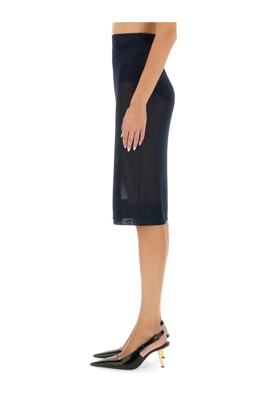 Saint Laurent women’s navy blue knit pencil skirt with sheer front panel and fitted midi silhouette