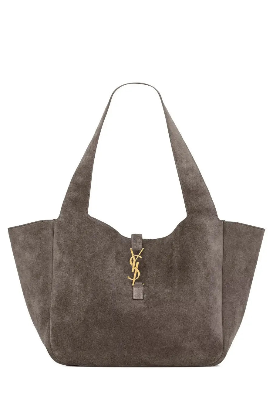 Saint Laurent women’s LE À Bea bag in grey charcoal suede with a gold-tone YSL logo clasp tote bag