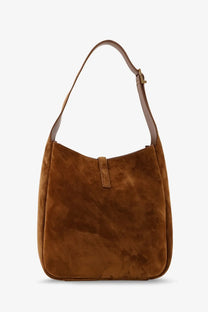 Saint Laurent women’s le à tan suede hobo shoulder bag with single strap and minimalist front flap closure beige