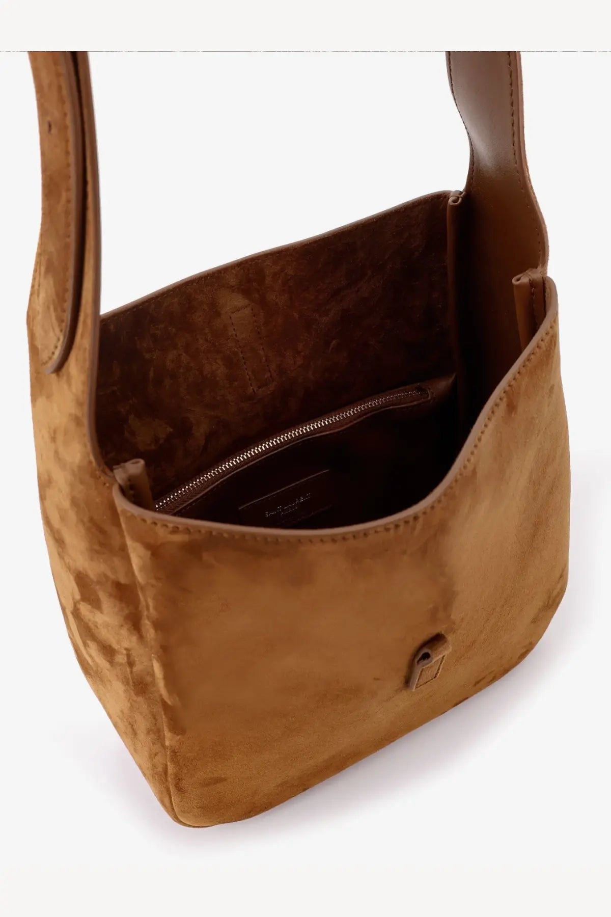 Saint Laurent women’s le à suede shoulder bag in beige with a tan suede soft textured surface and minimalist design
