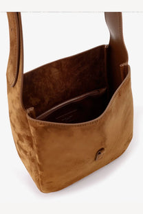 Saint Laurent women’s le à suede shoulder bag in beige with a tan suede soft textured surface and minimalist design