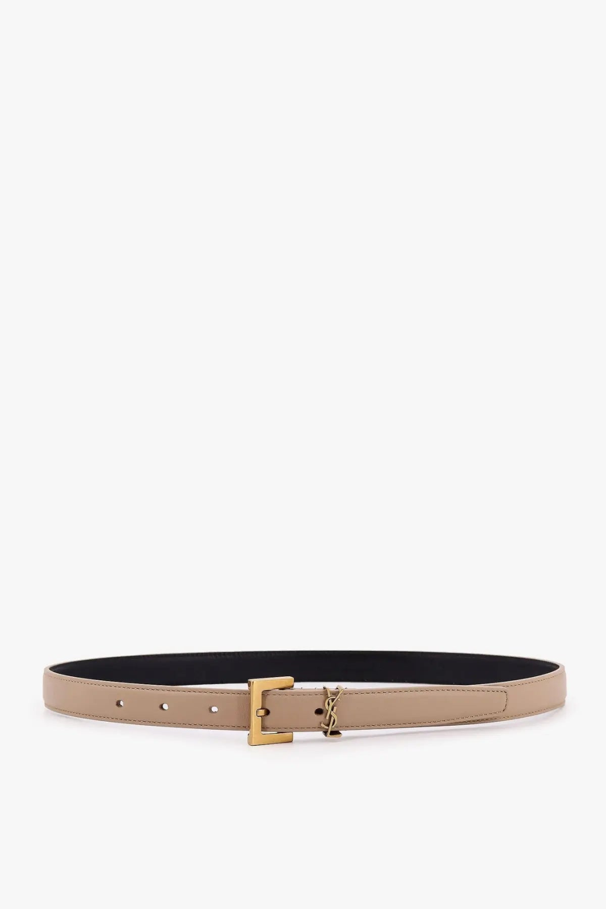 Saint Laurent women’s beige leather belt with gold-tone buckle featuring the YSL logo