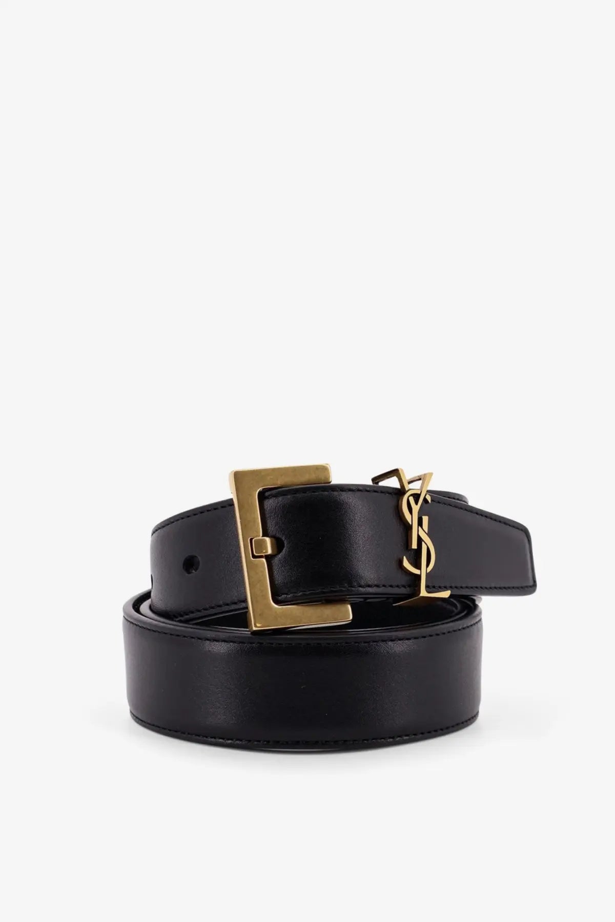 Saint Laurent women’s black leather belt with gold-tone rectangular buckle and interlocking YSL logo on strap