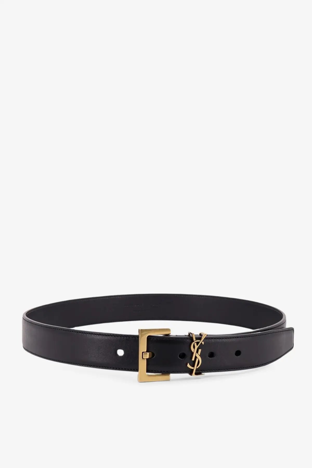 Saint Laurent women’s black leather belt with gold-tone YSL buckle for stylish waist accessory