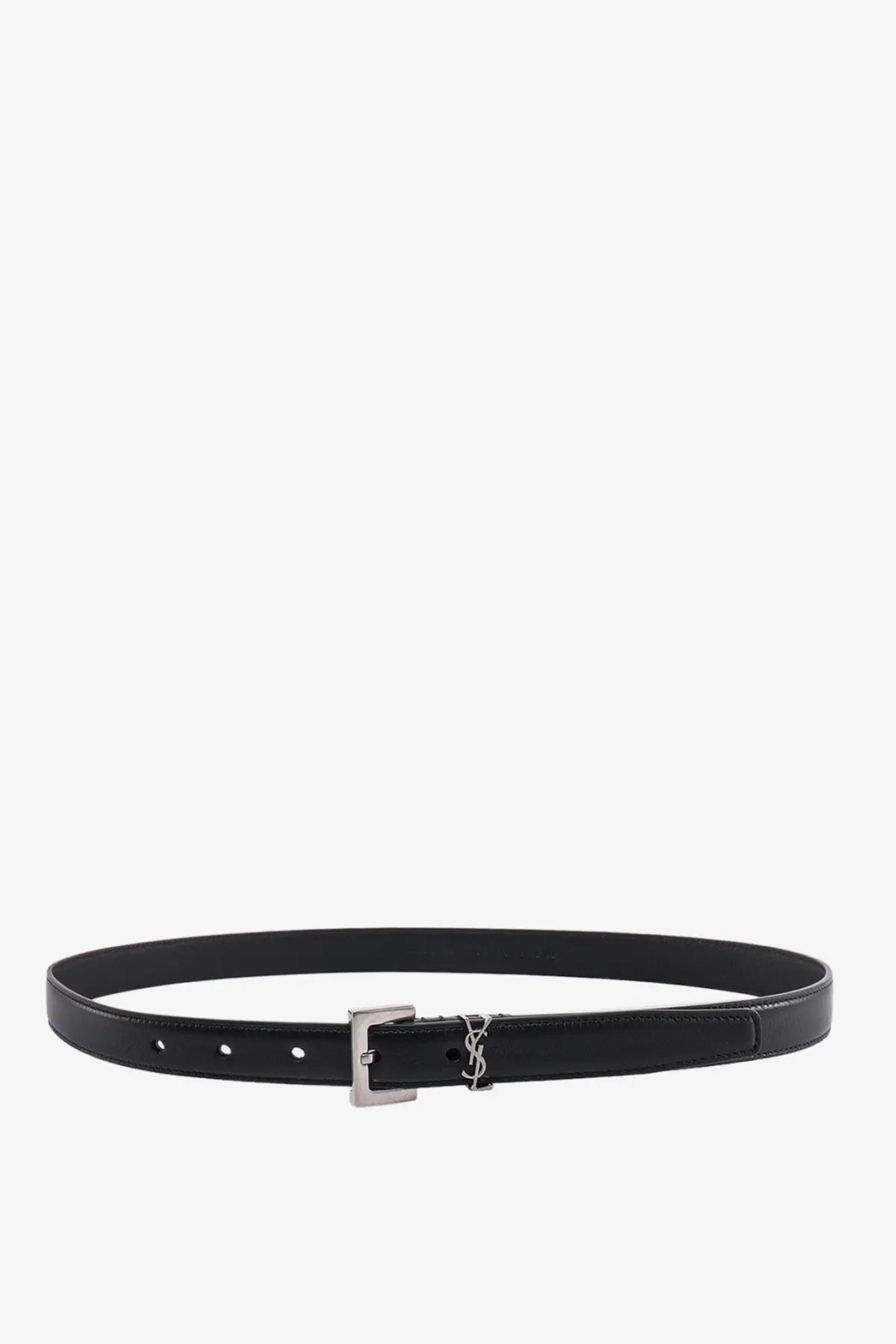 Saint Laurent women’s black leather belt with silver-tone buckle featuring the YSL logo for stylish wear