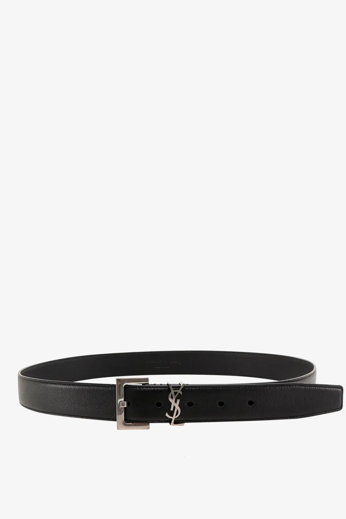 Saint Laurent womens black leather belt with silver-tone YSL buckle
