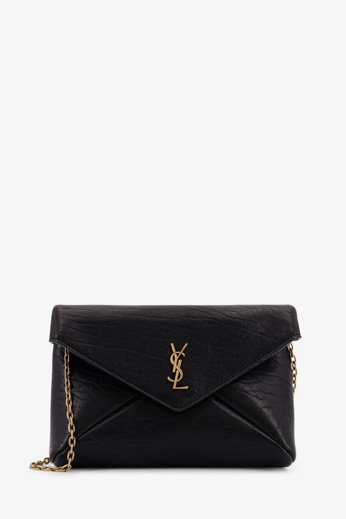 Saint Laurent women’s black leather crossbody bag in black crocodile-embossed leather with gold ysl logo and chain strap