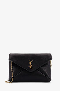 Saint Laurent women’s black leather crossbody bag in black crocodile-embossed leather with gold ysl logo and chain strap
