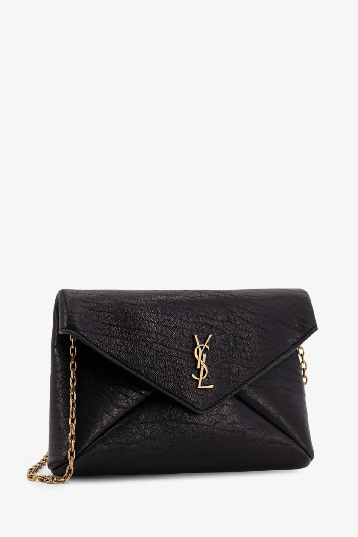 Saint Laurent women’s black leather envelope clutch with gold-tone YSL logo and chain strap crossbody bag