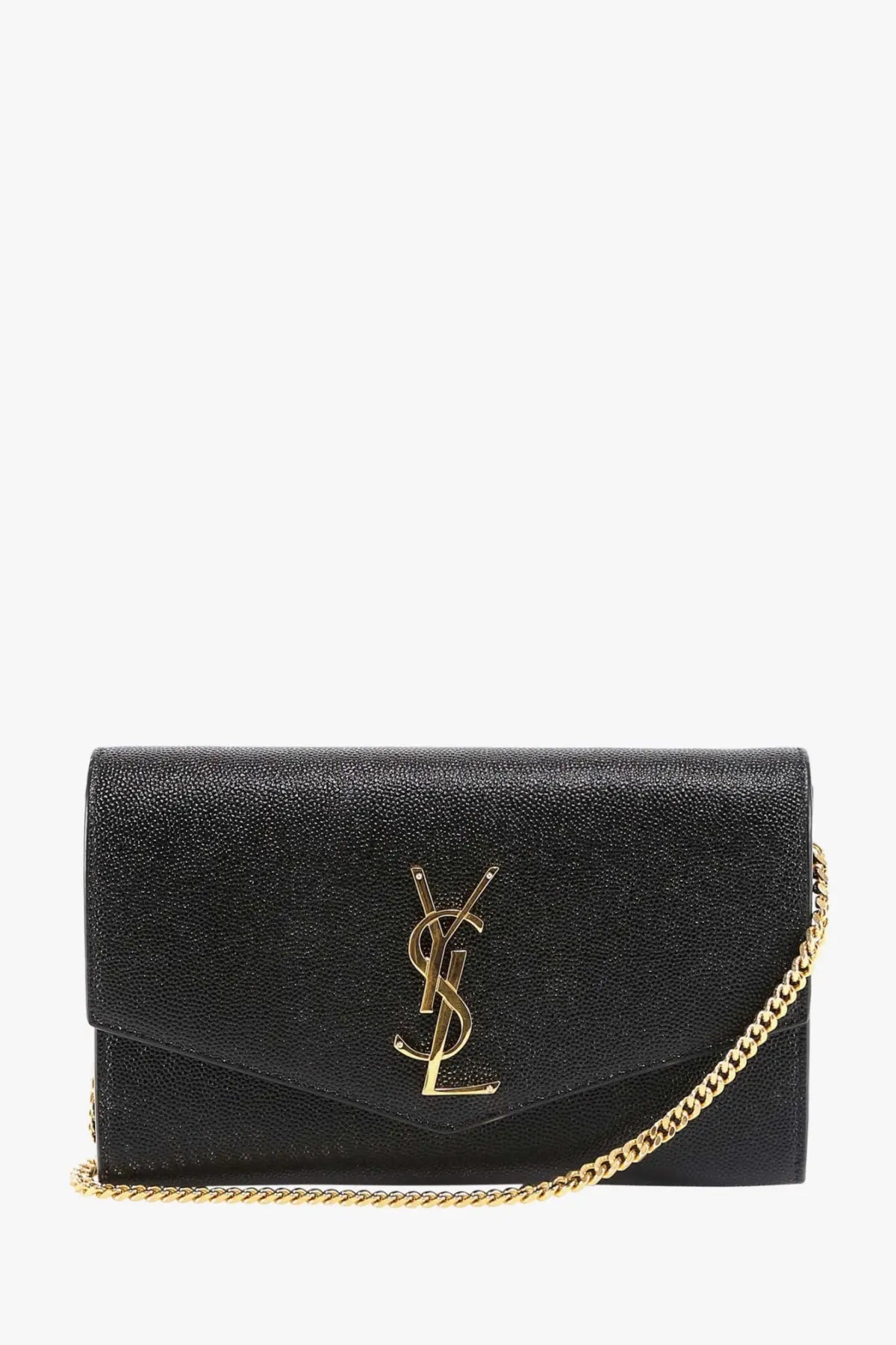 Saint Laurent women leather crossbody bag black with gold-tone chain strap and signature logo clasp clutch design