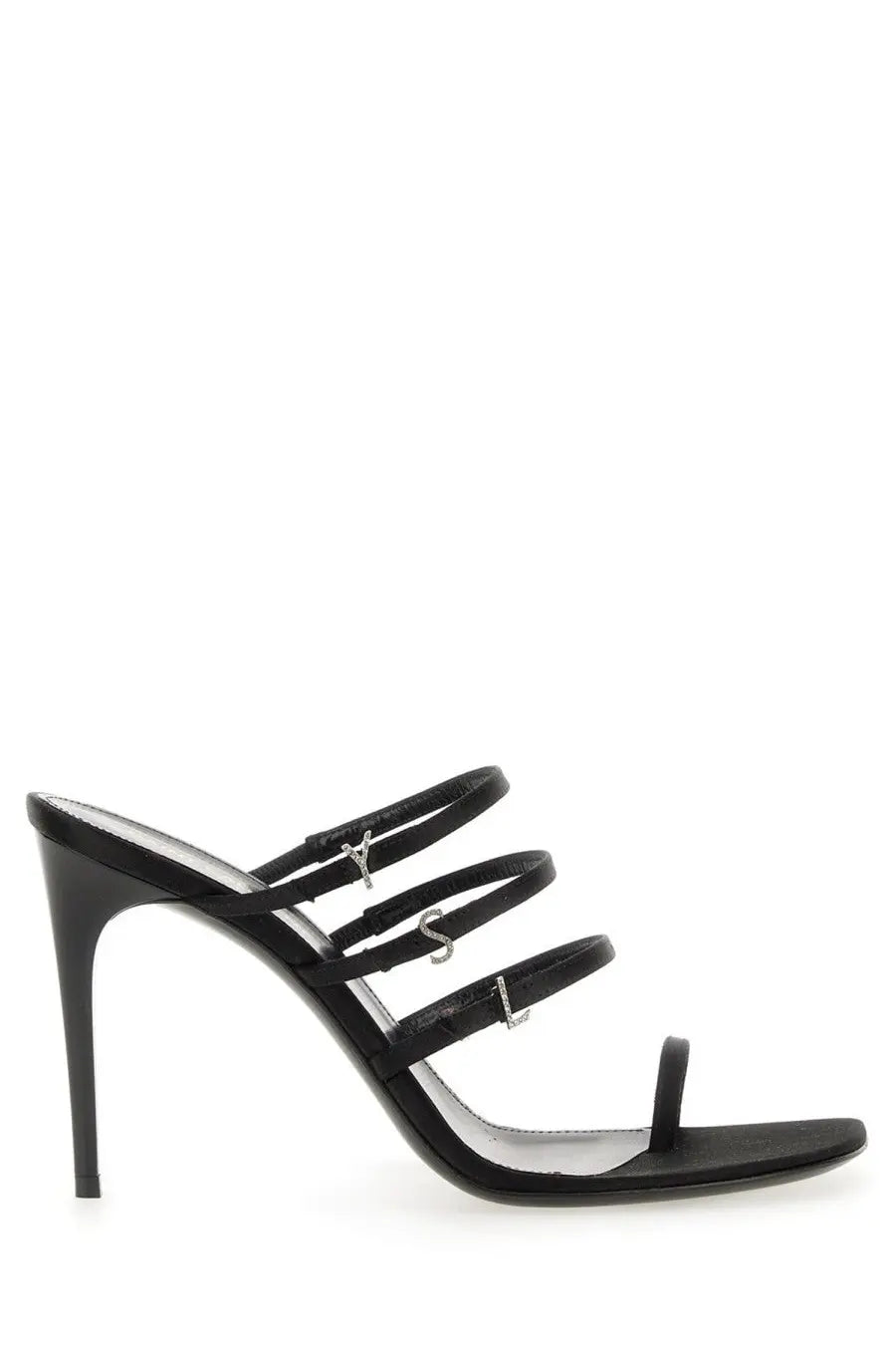 Saint Laurent women’s black leather mule sandal with satin strap and silver YSL logo charms