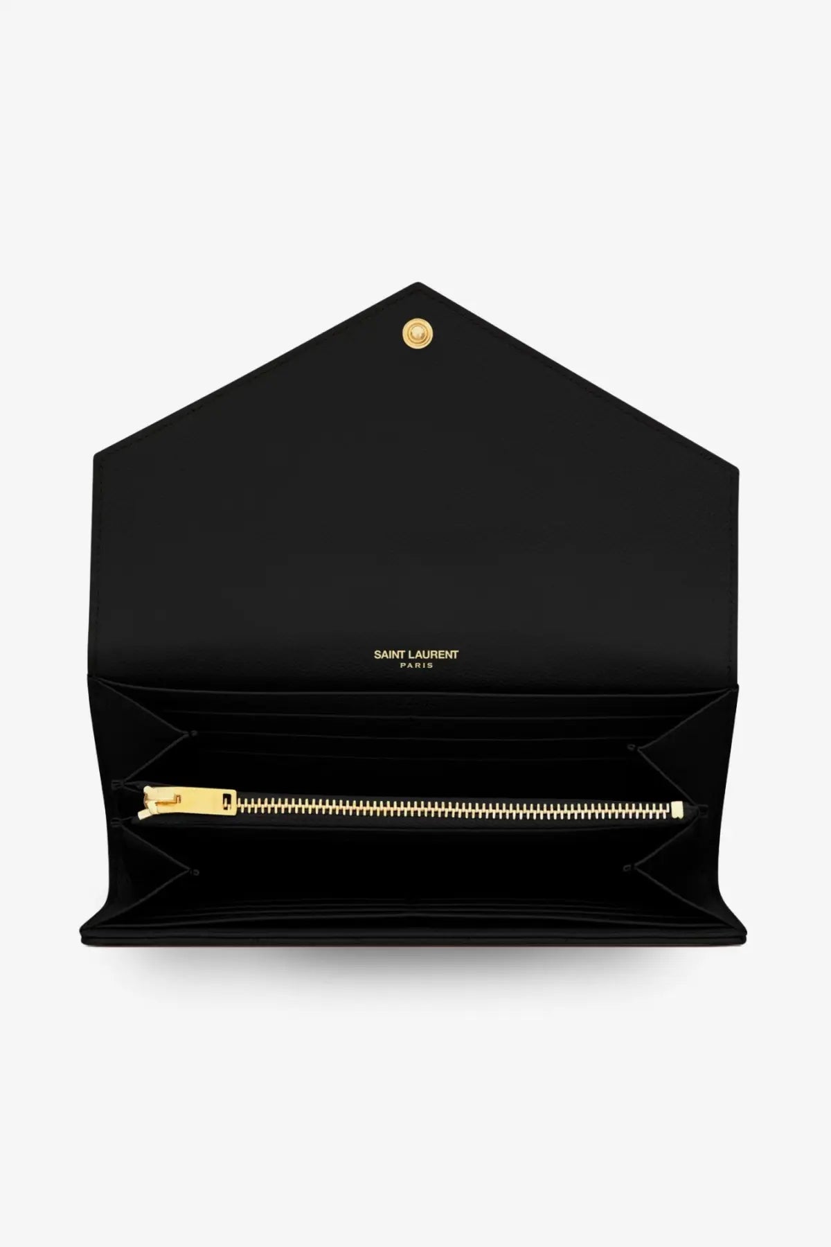 Saint Laurent women’s black leather wallet with gold-tone zipper and clasp for stylish daily use