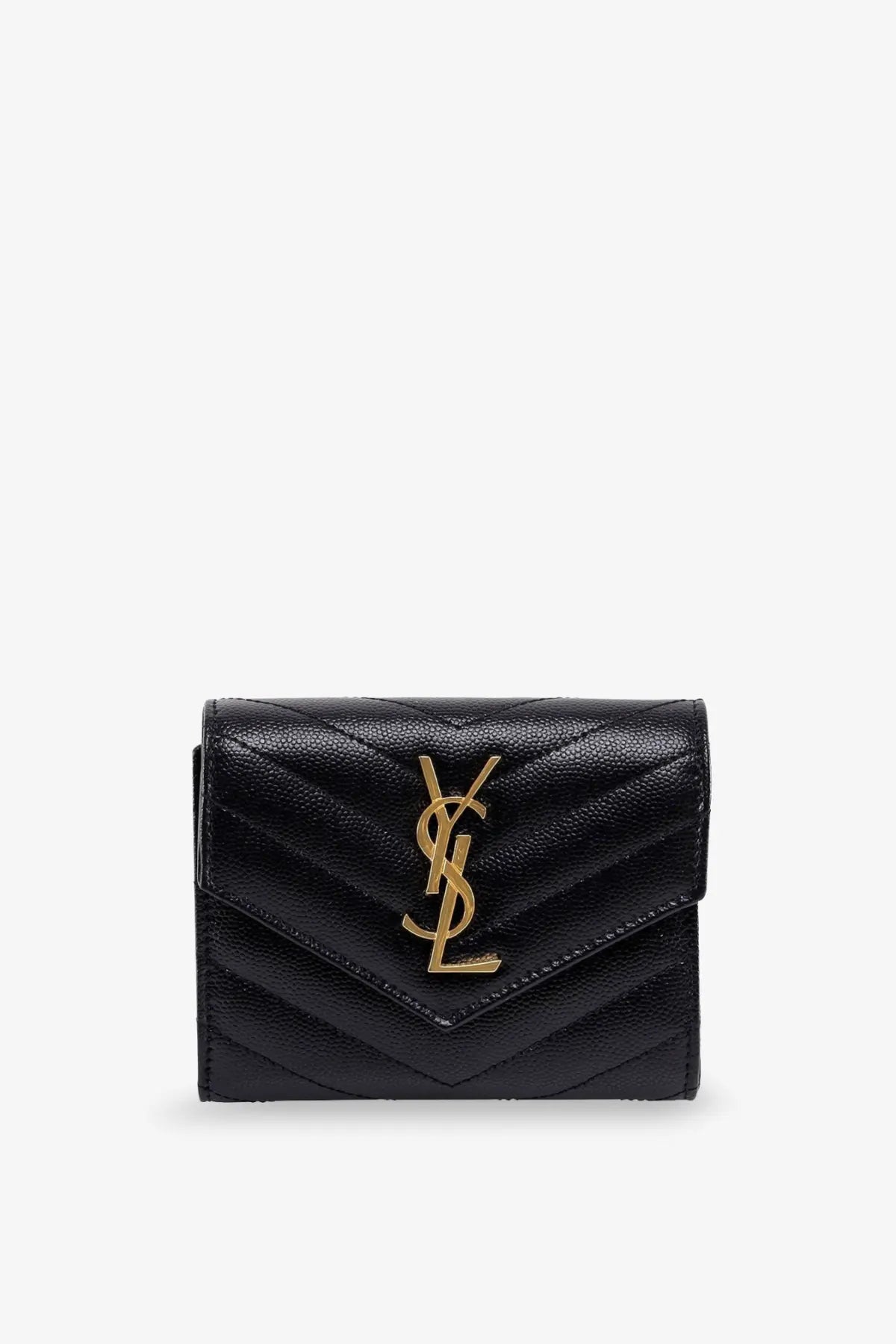 Saint Laurent women’s leather wallet in black featuring a quilted leather YSL card case with gold tone logo