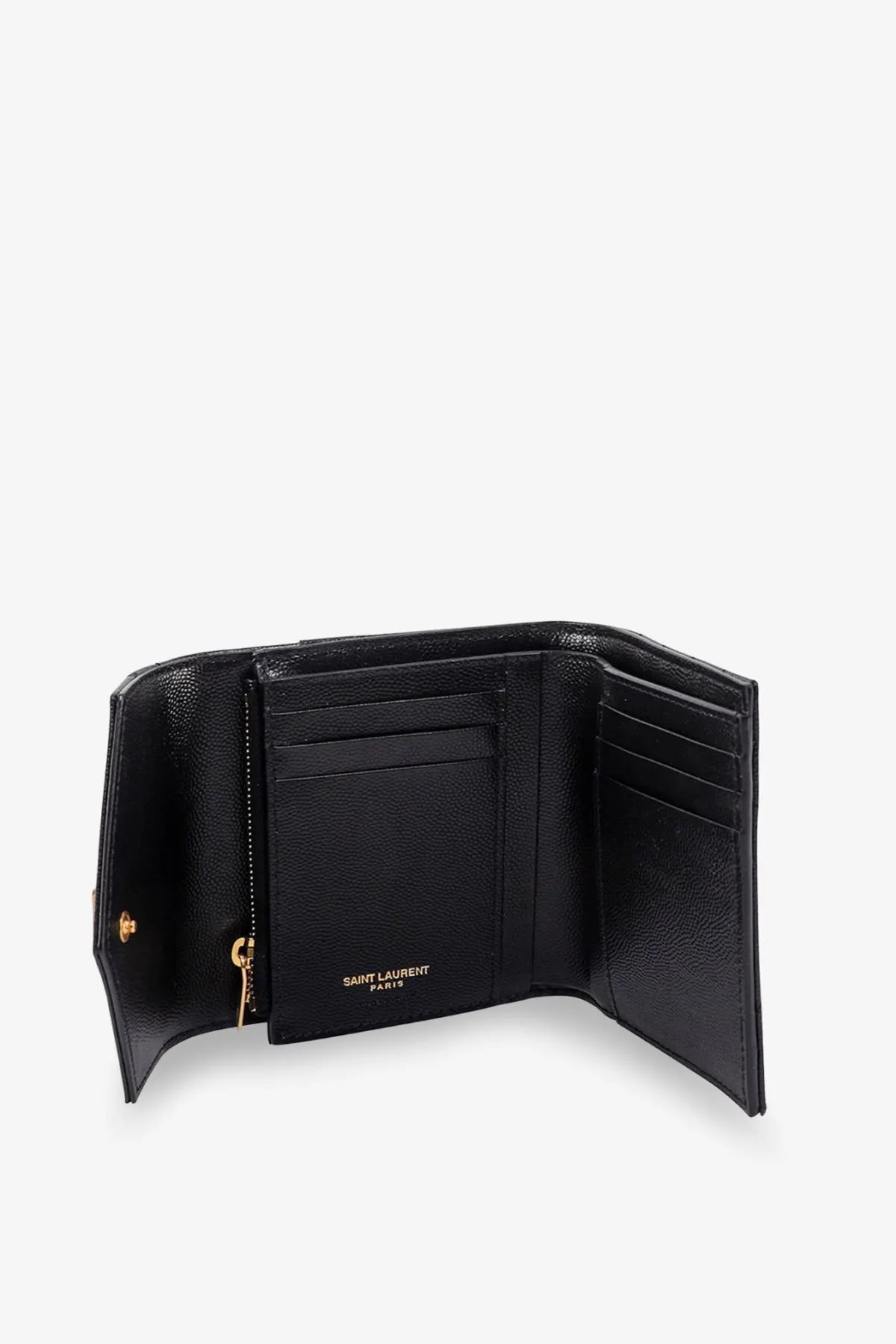 Saint Laurent women’s black leather trifold wallet with gold-tone hardware and Saint Laurent Paris embossing inside