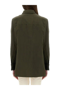 Saint Laurent women’s olive green cotton blend blazer with structured back and rolled up cuffs shown from the back