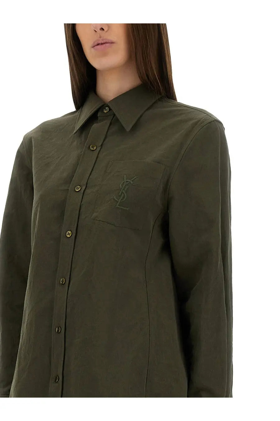 Saint Laurent women’s olive green linen and cotton button-down shirt with subtle embroidered YSL logo on chest pocket