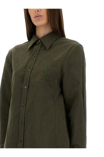 Saint Laurent women’s olive green linen and cotton button-down shirt with subtle embroidered YSL logo on chest pocket
