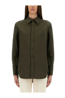 Saint Laurent women’s olive green linen and cotton Cassandre button-down shirt with embroidered logo on chest pocket