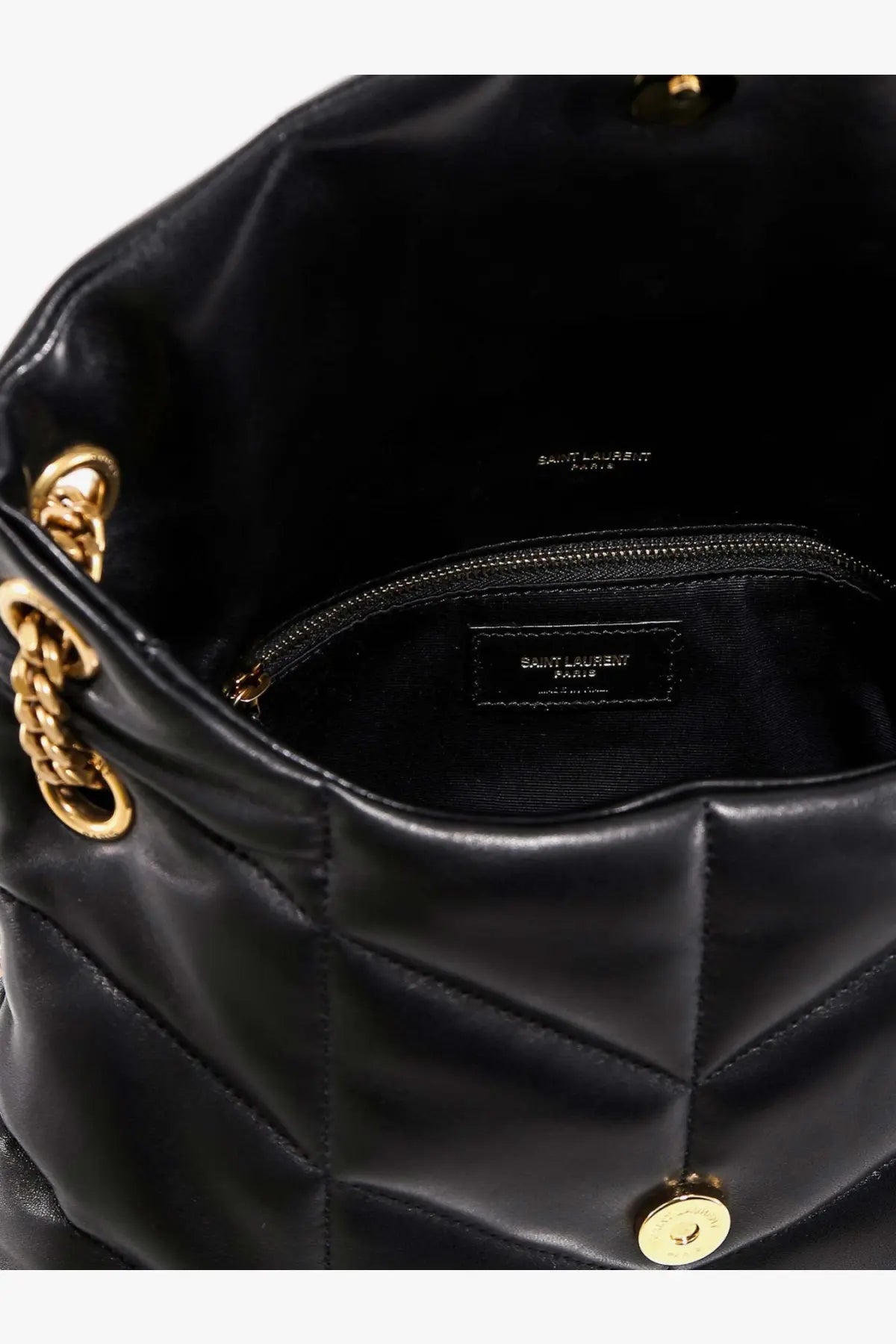 Saint Laurent women’s Loulou puffer matelassé black leather shoulder bag with quilted design and gold-tone chain strap