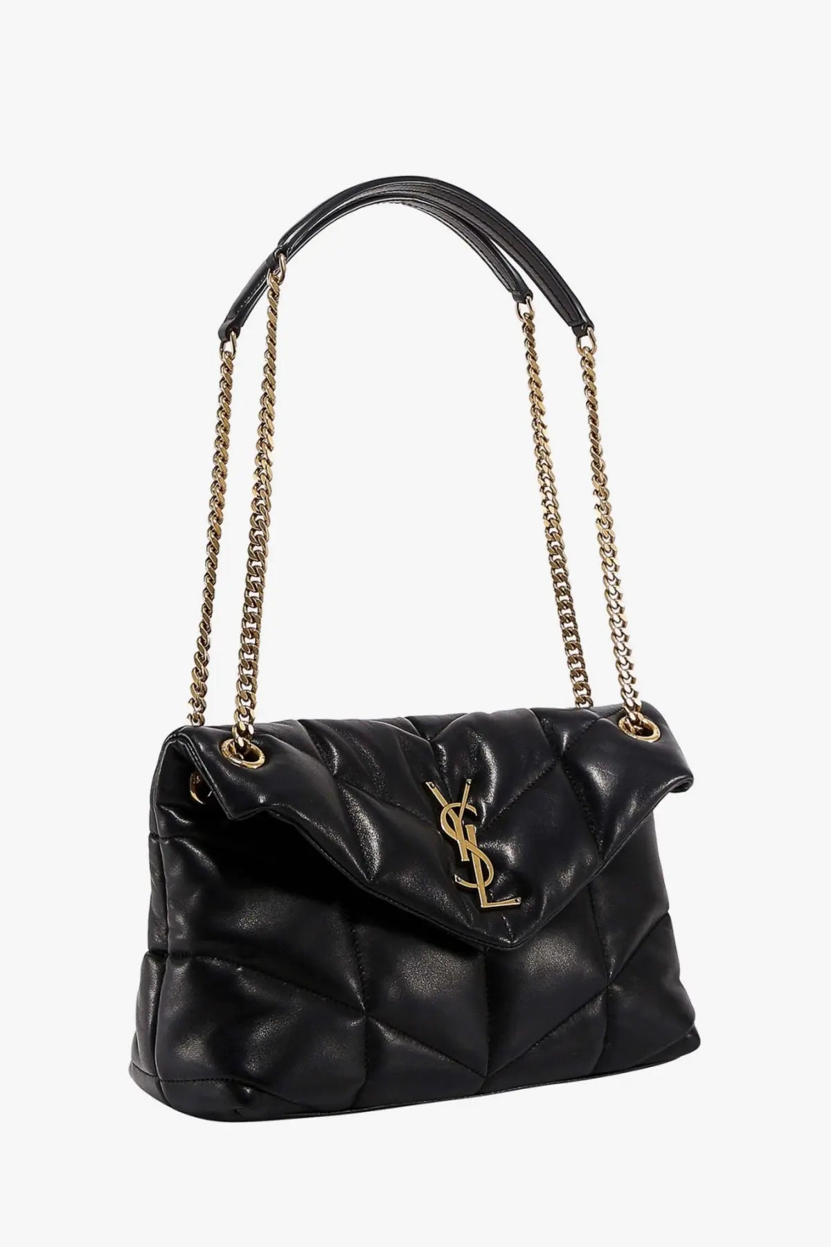 Saint Laurent women’s loulou puffer black quilted leather shoulder bag with gold chain straps and ysl logo