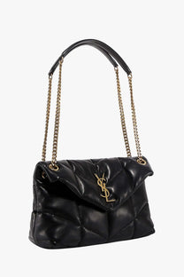 Saint Laurent women’s loulou puffer black quilted leather shoulder bag with gold chain straps and ysl logo
