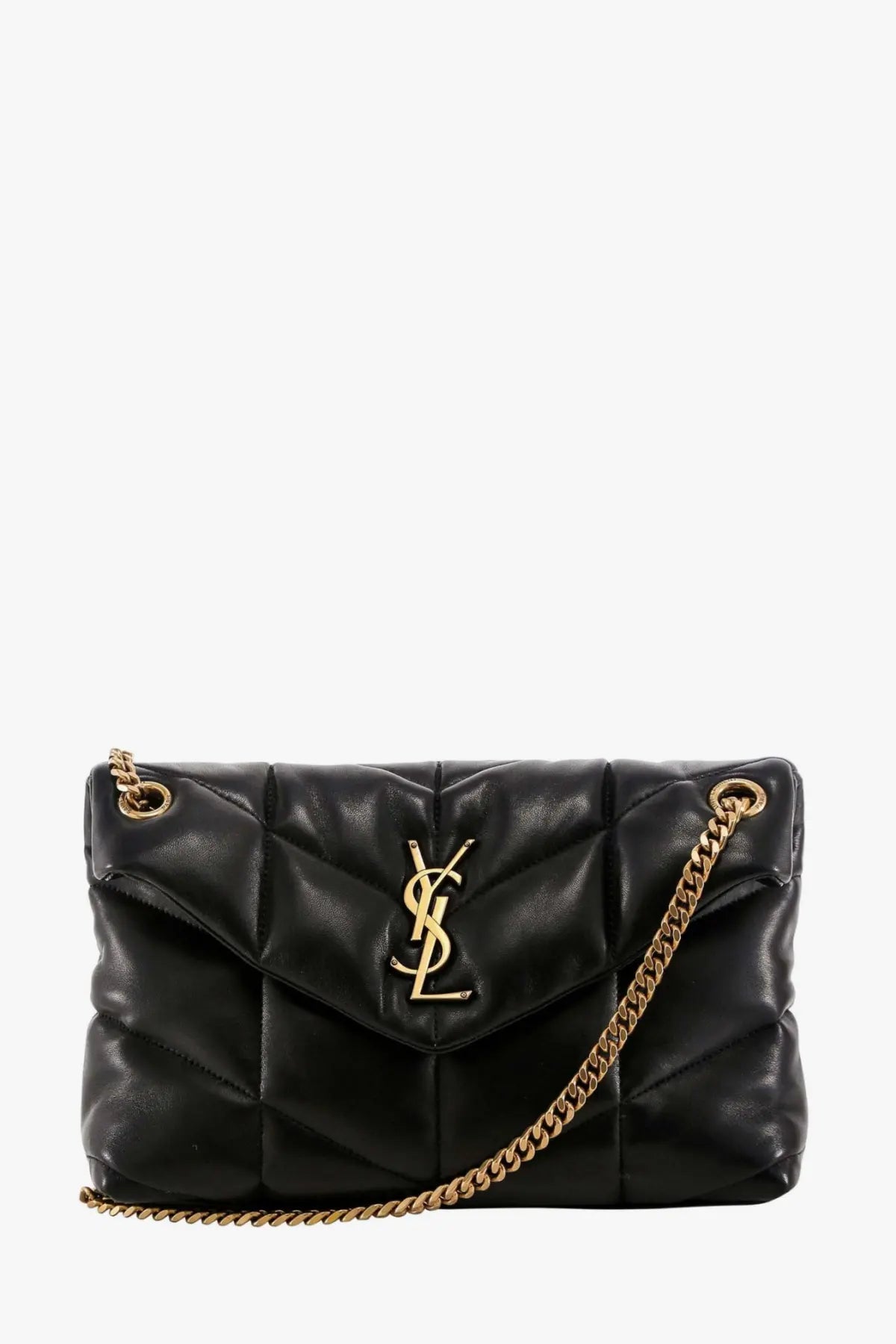 Saint Laurent women’s loulou puffer matelassé black quilted leather crossbody bag with gold-tone chain strap and ysl clasp