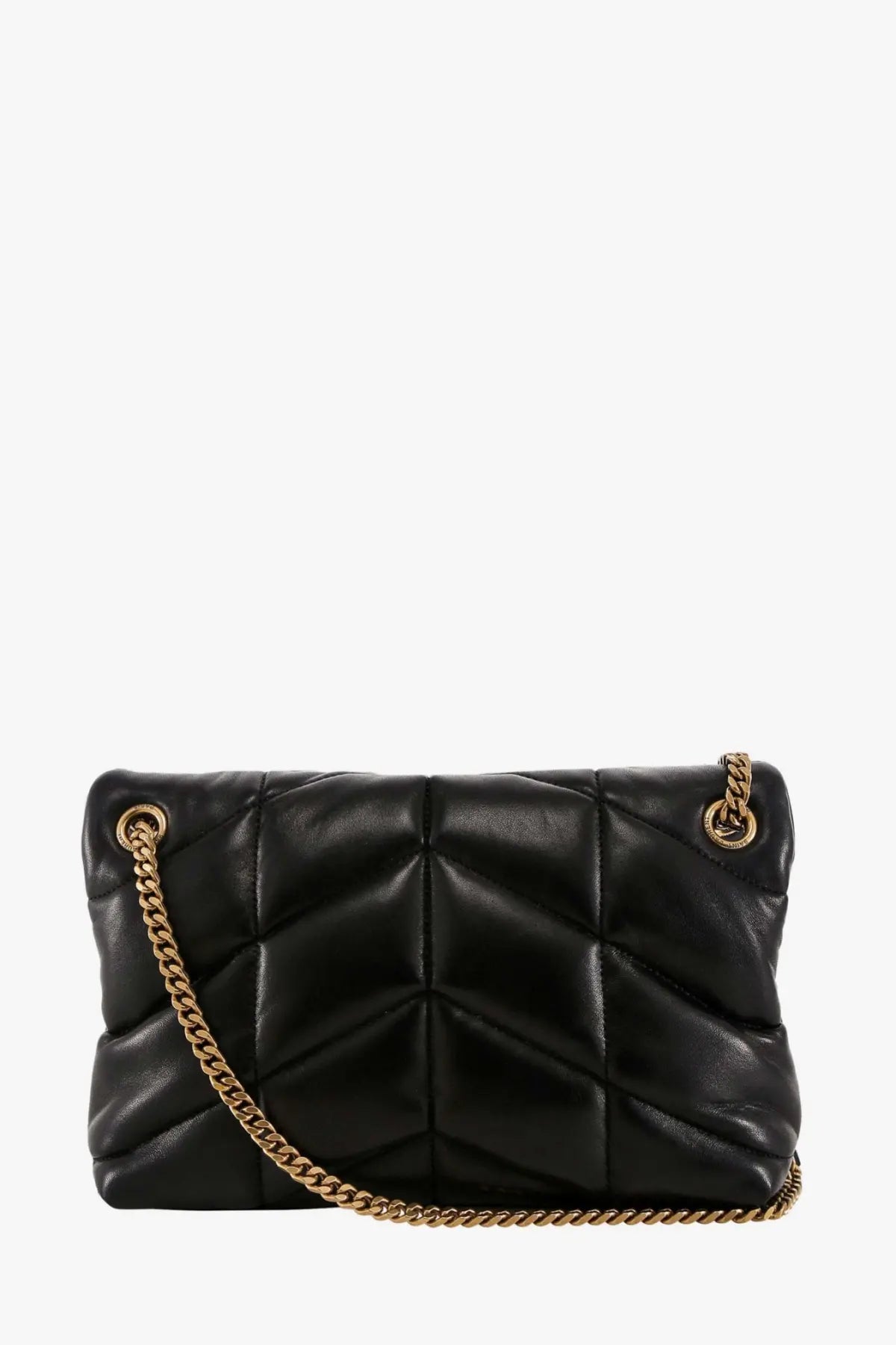 Saint Laurent women’s loulou puffer matelassé black quilted leather crossbody bag with gold-tone chain strap