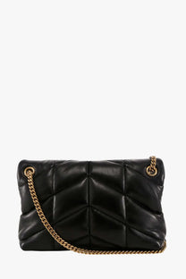 Saint Laurent women’s loulou puffer matelassé black quilted leather crossbody bag with gold-tone chain strap