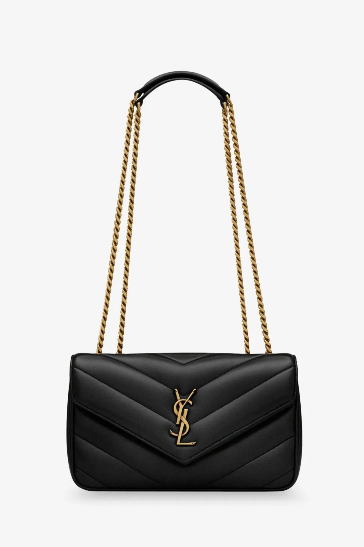 Saint Laurent women’s Loulou small black quilted leather shoulder bag with gold-tone chain strap and YSL logo