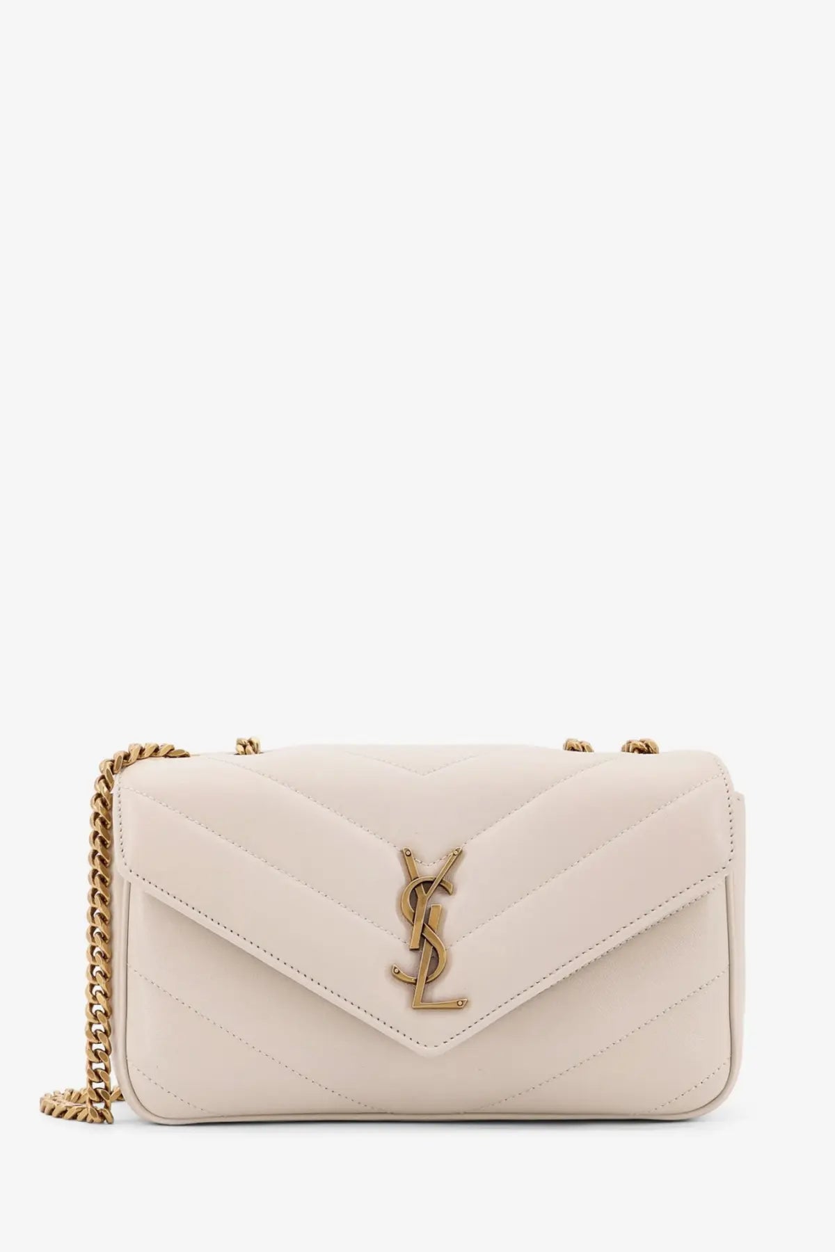 Saint Laurent women’s loulou small cream quilted leather crossbody bag with gold-tone chain strap and ysl logo clasp