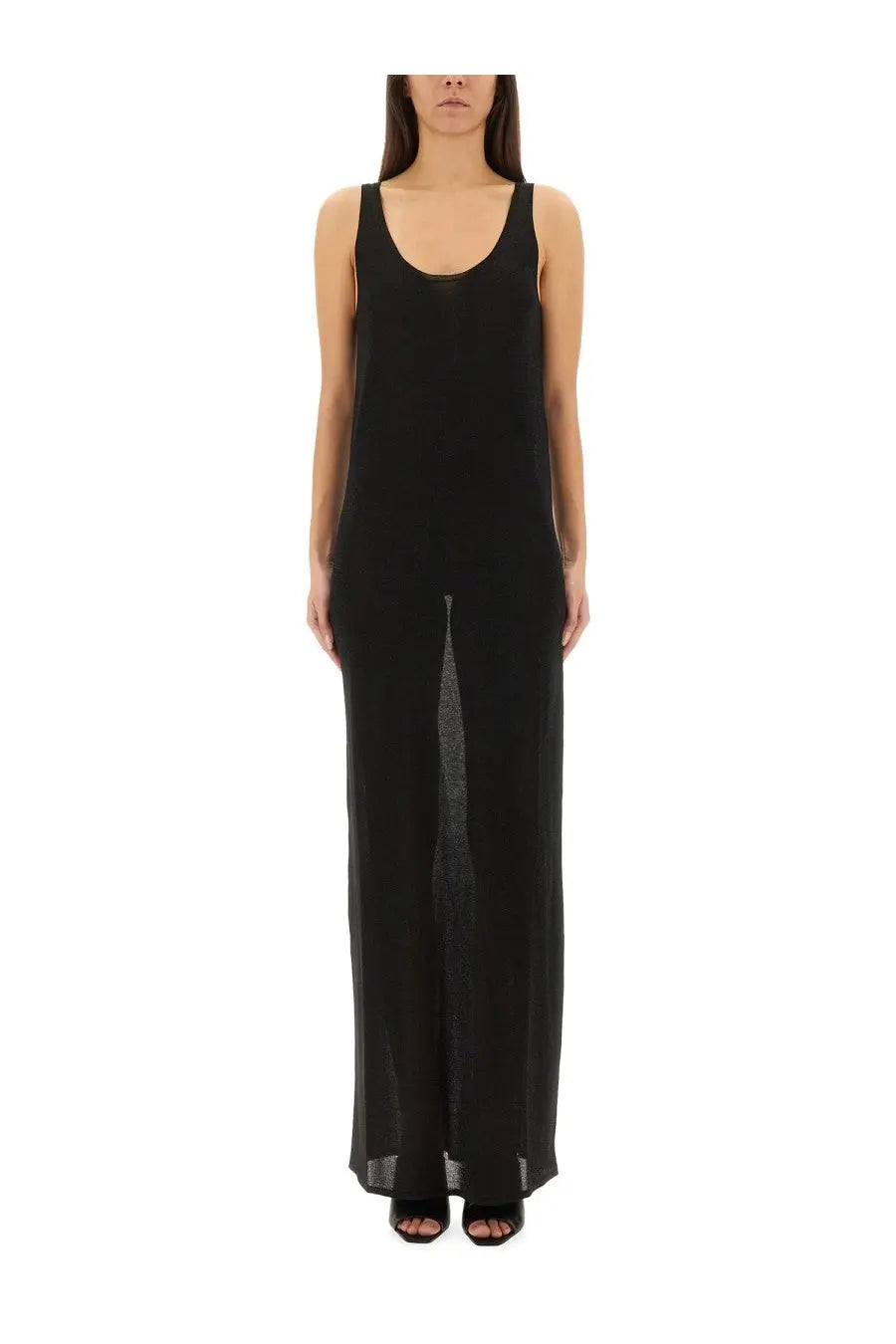 Saint Laurent women’s black lurex knit dress with sleeveless design and sheer mesh side panels