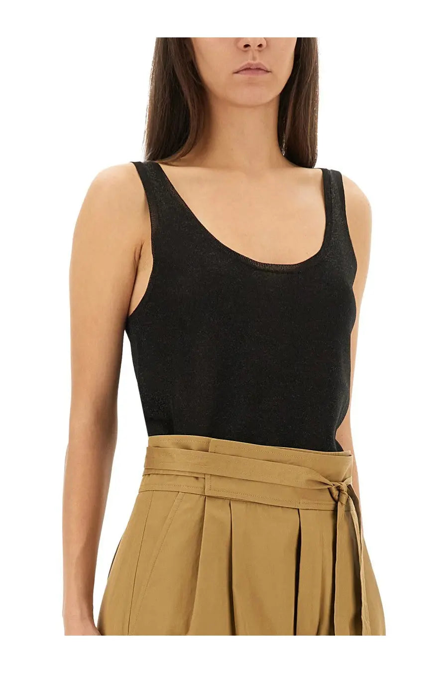Saint Laurent women’s black lurex ribbed knit tank top with scoop neckline and thin straps