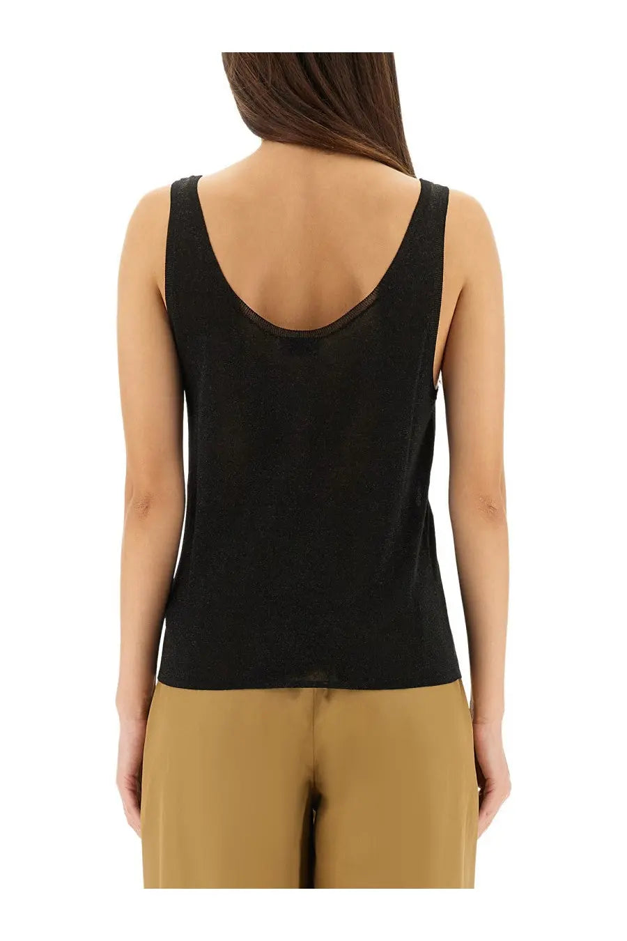 Saint Laurent women’s black lurex knit tank top with scoop neckline and subtle mesh trim at the back shown from behind